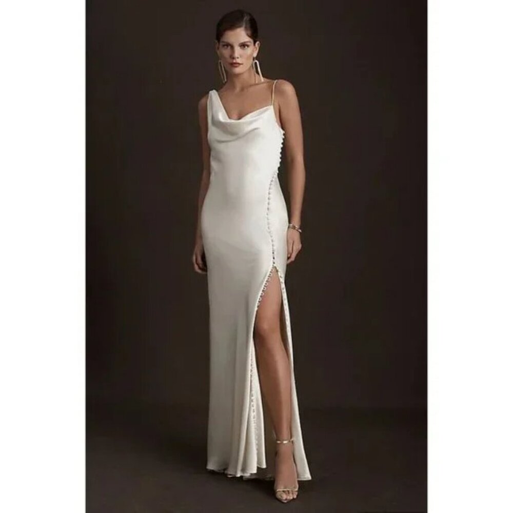 Watters Mirall Bridal Elopement Wedding Gown Cowl-Neck Button-Slit Satin Sheath